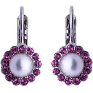 Mariana Roxanne Silvertone Earrings Simulated Pearl & Fuchsia Flower 1166 NWT